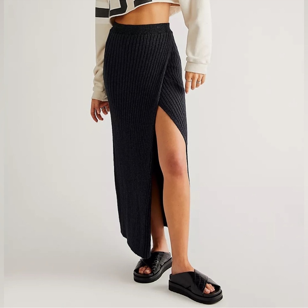 Free People Better Days Midi Skirt Charcoal Gray Ribbed Slit Size Large